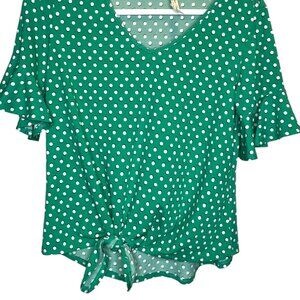 Perseption Concept Green Polka Dot Tie Front Flutter Short Sleeve Blouse, Size S